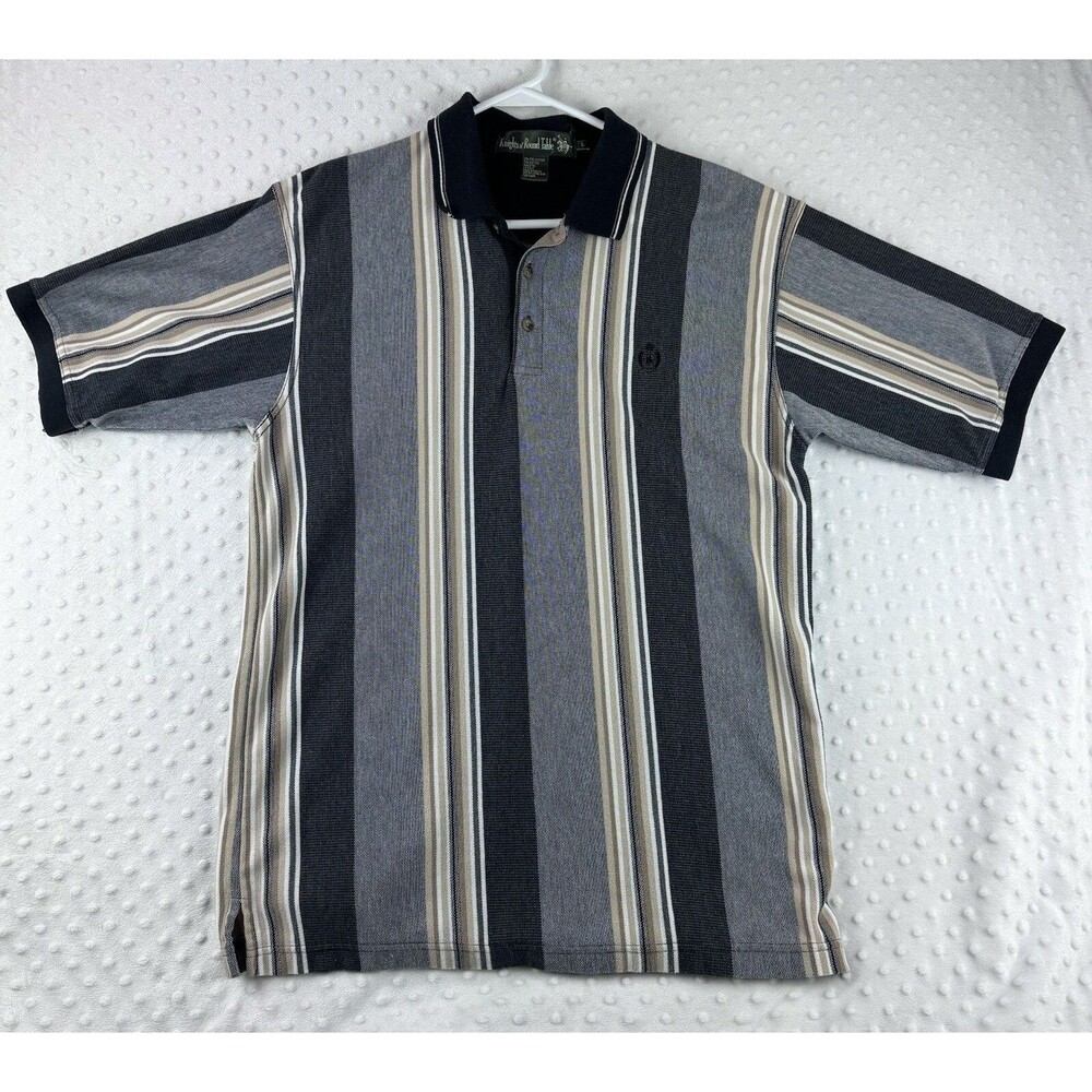 Vintage Knights of Round Table Mens L Polo Short Sleeve Striped Shirt Black Tan